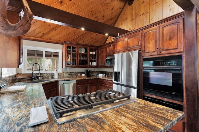825 Grass Valley Rd, Lake Arrowhead, CA 92352 - kitchen with wooden ceiling, vaulted ceiling with beams, glass insert cabinets, stainless steel appliances, and a sink