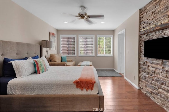 825 Grass Valley Rd, Lake Arrowhead, CA 92352 - bedroom with recessed lighting, a ceiling fan, wood finished floors, and baseboards