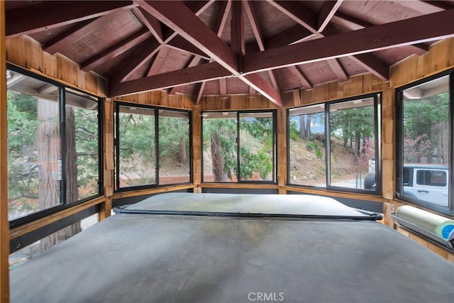 825 Grass Valley Rd, Lake Arrowhead, CA 92352 - unfurnished sunroom featuring beamed ceiling