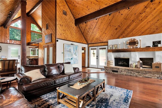 825 Grass Valley Rd, Lake Arrowhead, CA 92352 - living room featuring wood ceiling, beamed ceiling, hardwood / wood-style flooring, visible vents, and high vaulted ceiling