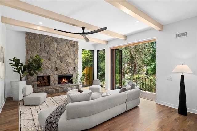 1935 Maverick Ln, North Tustin, CA 92705 - living area with beamed ceiling, a ceiling fan, baseboards, and dark wood finished floors