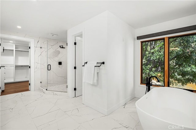 1935 Maverick Ln, North Tustin, CA 92705 - full bath featuring a soaking tub, baseboards, a marble finish shower, recessed lighting, and marble finish floor
