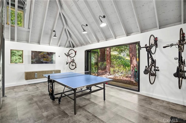 1935 Maverick Ln, North Tustin, CA 92705 - game room with high vaulted ceiling, beam ceiling, and baseboards