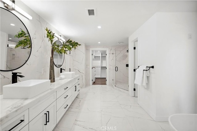 1935 Maverick Ln, North Tustin, CA 92705 - bathroom with a sink, visible vents, a marble finish shower, recessed lighting, and marble finish floor