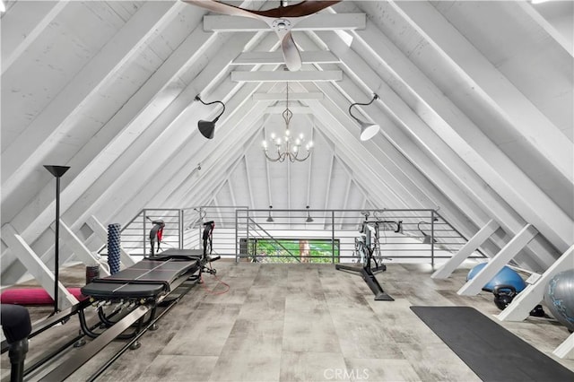 1935 Maverick Ln, North Tustin, CA 92705 - exercise room with lofted ceiling and a chandelier