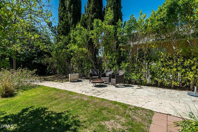 view of yard with a patio and an outdoor fire pit