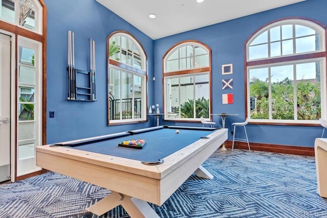 9253 Regents Unit A203, La Jolla, CA 92037 - rec room featuring recessed lighting, plenty of natural light, baseboards, billiards, and a high ceiling