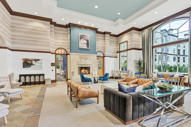 9253 Regents Unit A203, La Jolla, CA 92037 - lobby featuring crown molding, a towering ceiling, and recessed lighting