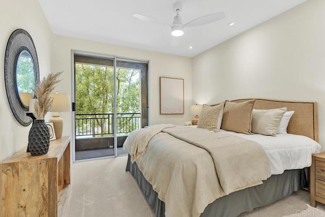 9253 Regents Unit A203, La Jolla, CA 92037 - bedroom featuring light carpet, access to exterior, a ceiling fan, and recessed lighting