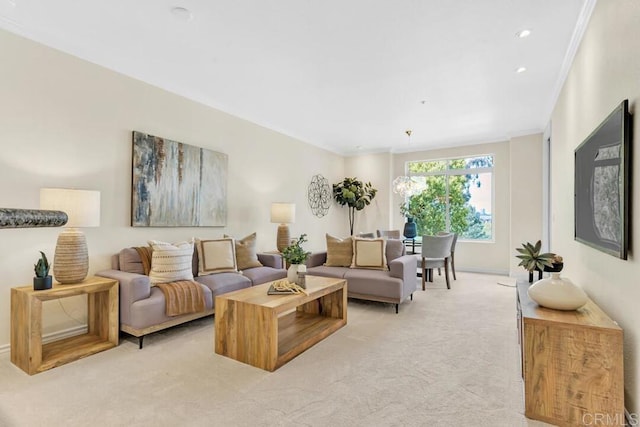 9253 Regents Unit A203, La Jolla, CA 92037 - living area with light colored carpet, ornamental molding, baseboards, and recessed lighting