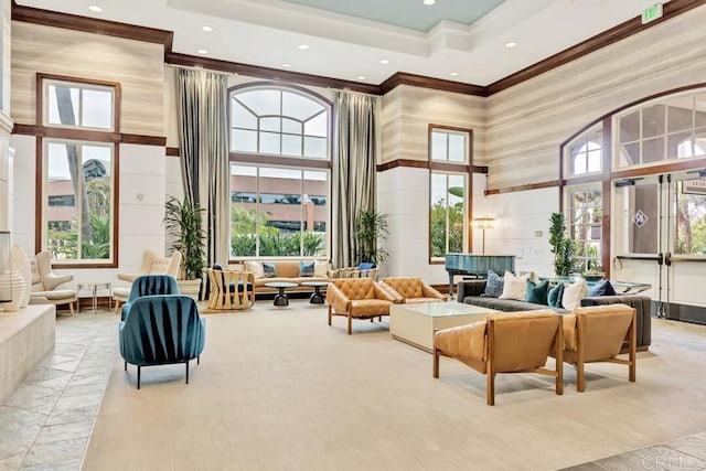 9253 Regents Unit A203, La Jolla, CA 92037 - common area with a high ceiling, ornamental molding, and recessed lighting