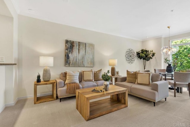 9253 Regents Unit A203, La Jolla, CA 92037 - living area featuring light carpet, crown molding, a chandelier, and baseboards