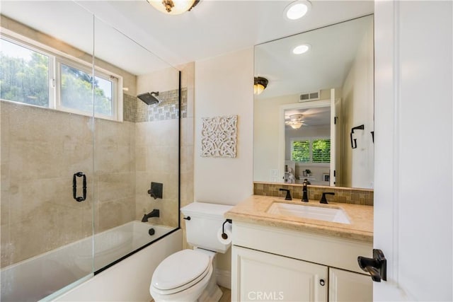 3 Terracima, Irvine, CA 92620 - bathroom featuring vanity, toilet, enclosed tub / shower combo, a ceiling fan, and visible vents