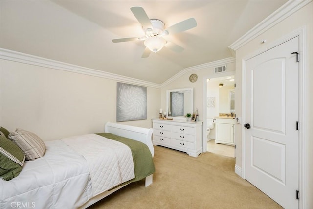 3 Terracima, Irvine, CA 92620 - bedroom with a ceiling fan, light colored carpet, visible vents, lofted ceiling, and ornamental molding