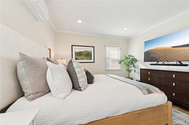 67 Corona Ave, Long Beach, CA 90803 - bedroom featuring wood finished floors, crown molding, a wall unit AC, and recessed lighting