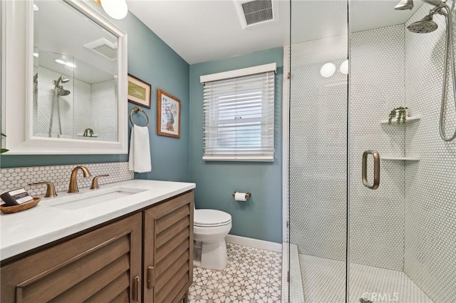 67 Corona Ave, Long Beach, CA 90803 - bathroom featuring visible vents, a stall shower, baseboards, toilet, and vanity