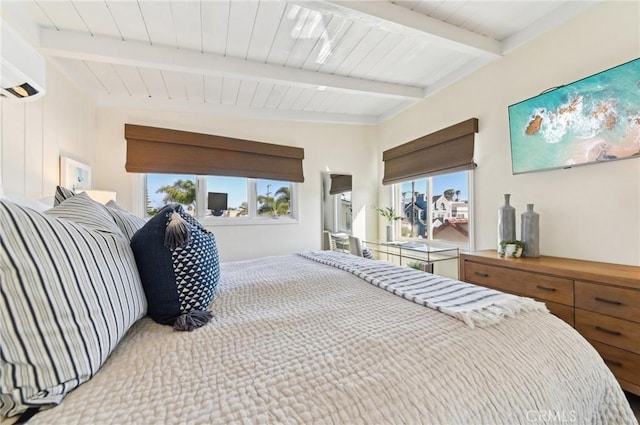 67 Corona Ave, Long Beach, CA 90803 - bedroom featuring beamed ceiling, a wall mounted air conditioner, and wooden ceiling