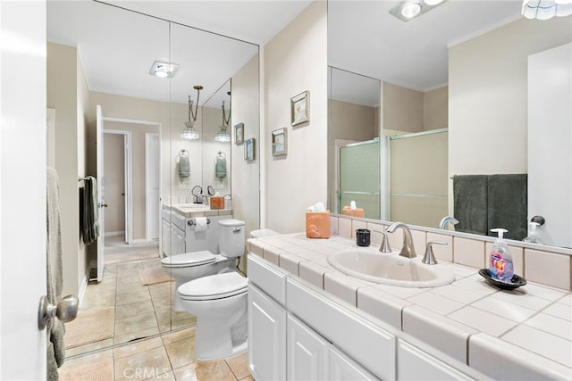 411 Avenida Granada Unit 4F, San Clemente, CA 92672 - full bathroom featuring toilet, a stall shower, vanity, and tile patterned floors