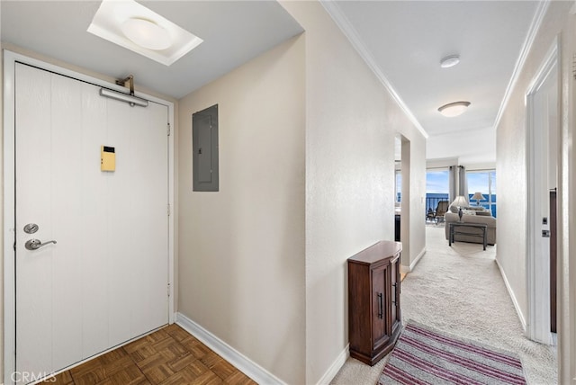 411 Avenida Granada Unit 4F, San Clemente, CA 92672 - hallway featuring electric panel, baseboards, and crown molding