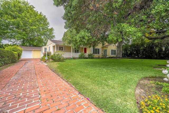 2437 Florence Ave, Arcadia, CA 91007 - view of front of house with a porch, an outdoor structure, a front lawn, and a garage