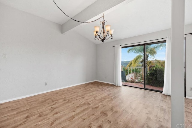 empty room featuring baseboards, lofted ceiling with beams, wood finished floors, and an inviting chandelier