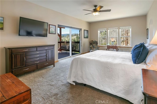 carpeted bedroom with access to exterior and a ceiling fan