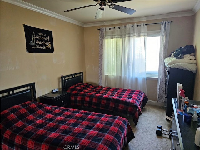 9526 Fullbright Ave, Chatsworth, CA 91311 - bedroom with crown molding, a ceiling fan, and carpet floors
