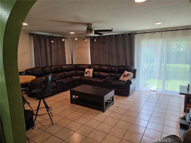 2998 Mary St, Riverside, CA 92506 - living area featuring light tile patterned floors, a ceiling fan, arched walkways, and recessed lighting