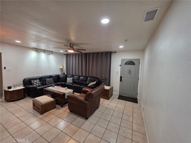 2998 Mary St, Riverside, CA 92506 - living area featuring light tile patterned floors, a ceiling fan, visible vents, baseboards, and recessed lighting