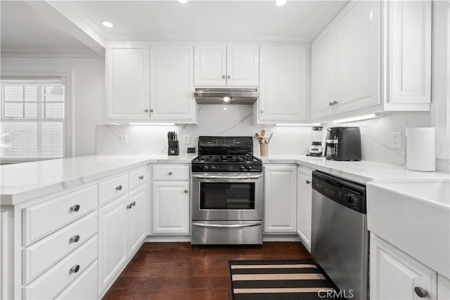 kitchen with dark wood finished floors, white cabinets, stainless steel appliances, and a peninsula