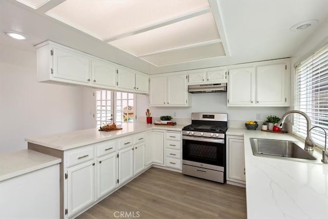 810 Hacienda Dr, Riverside, CA 92507 - kitchen with stainless steel gas range, a wealth of natural light, under cabinet range hood, and a sink