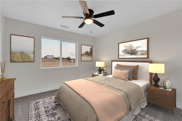 carpeted bedroom with visible vents, a ceiling fan, and baseboards