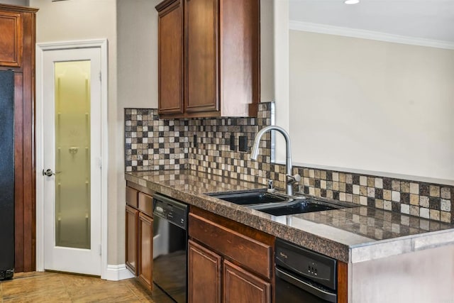 kitchen with ornamental molding, dark countertops, black dishwasher, tasteful backsplash, and a sink