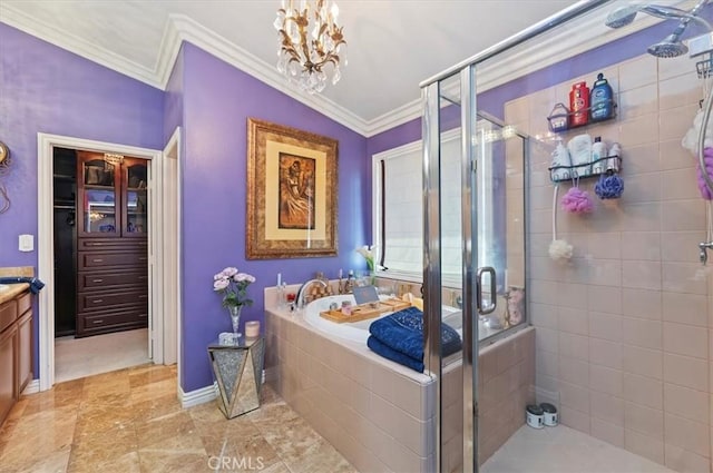 bathroom featuring vanity, ornamental molding, a garden tub, and a stall shower