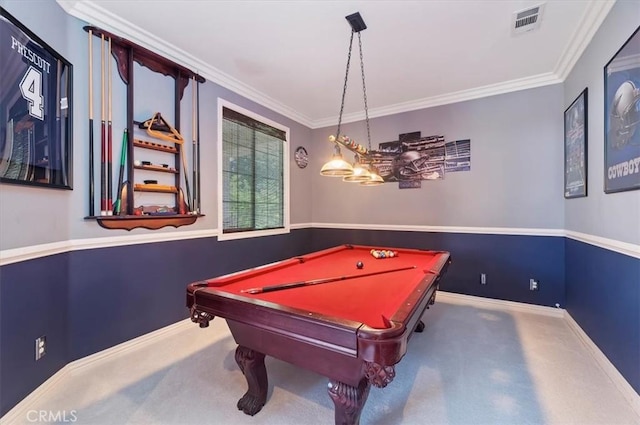 playroom with crown molding, carpet, pool table, and visible vents