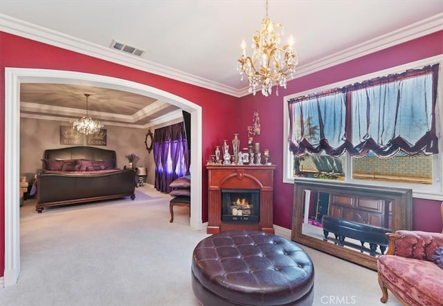 bedroom featuring carpet flooring, baseboards, a warm lit fireplace, a chandelier, and arched walkways
