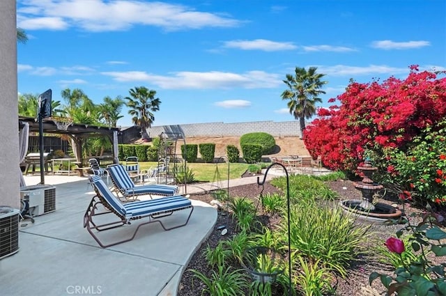 view of community featuring a patio and a pergola