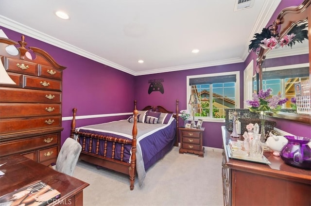 bedroom featuring recessed lighting, visible vents, light carpet, and ornamental molding
