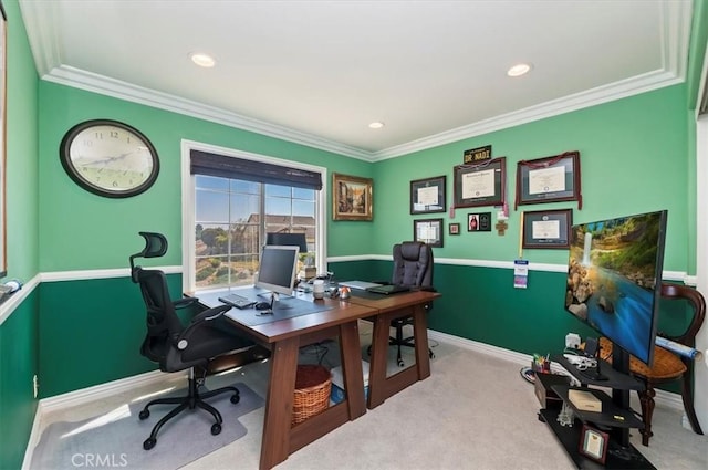 home office featuring recessed lighting, ornamental molding, carpet, and baseboards
