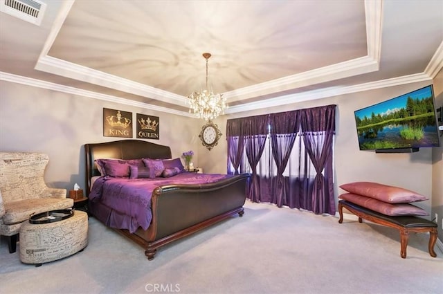 carpeted bedroom featuring crown molding, a raised ceiling, an inviting chandelier, and visible vents