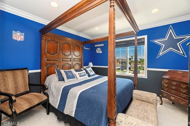 carpeted bedroom with crown molding, recessed lighting, and baseboards
