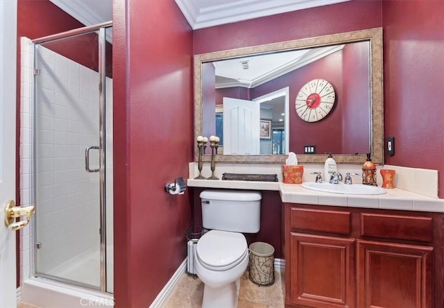full bath featuring crown molding, toilet, a shower stall, and vanity