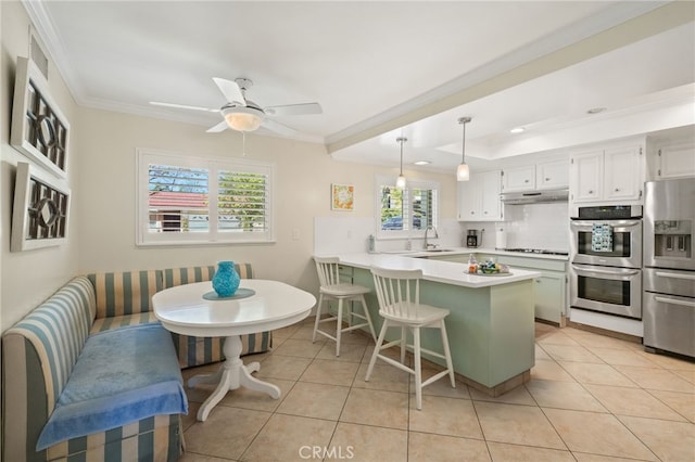 kitchen featuring a sink, light countertops, a peninsula, ornamental molding, and stainless steel appliances