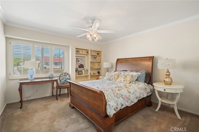 carpeted bedroom with baseboards, ornamental molding, and ceiling fan