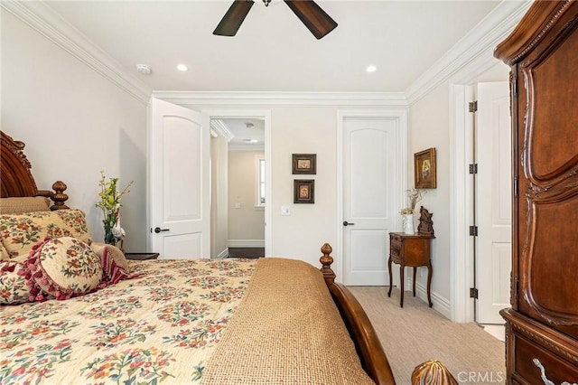 bedroom with recessed lighting, crown molding, a ceiling fan, and baseboards