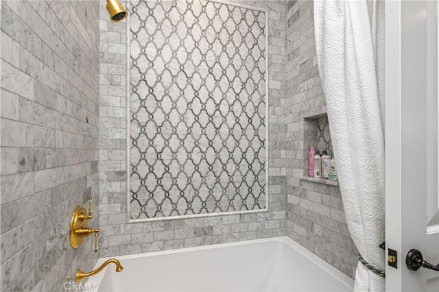 bathroom with a tub to relax in and curtained shower