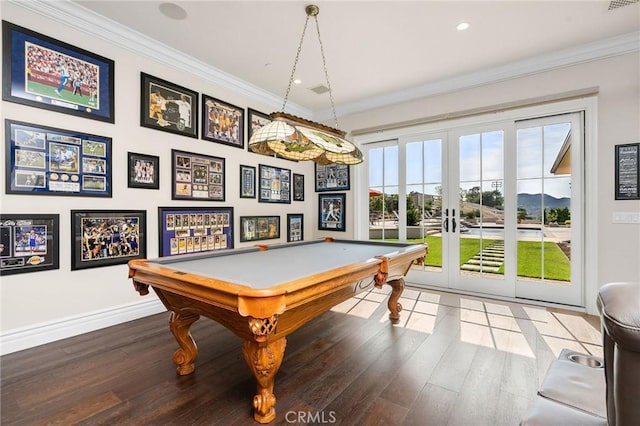 game room featuring crown molding, french doors, baseboards, pool table, and wood finished floors
