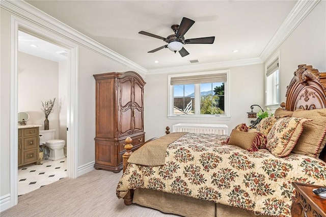 bedroom featuring radiator, connected bathroom, a ceiling fan, visible vents, and baseboards