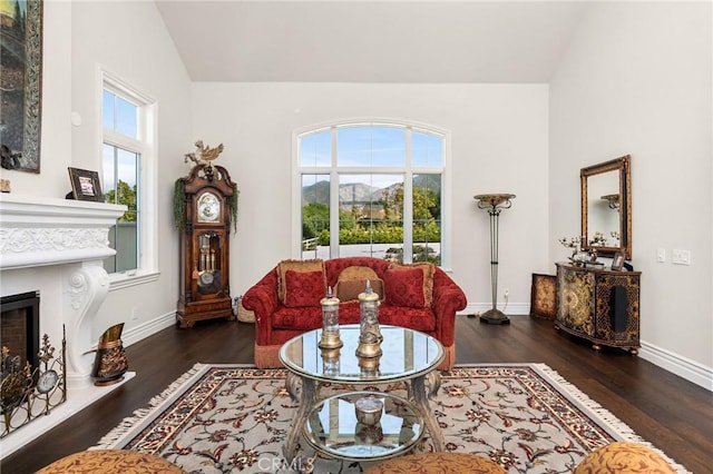 living area with baseboards, high vaulted ceiling, wood finished floors, and a fireplace