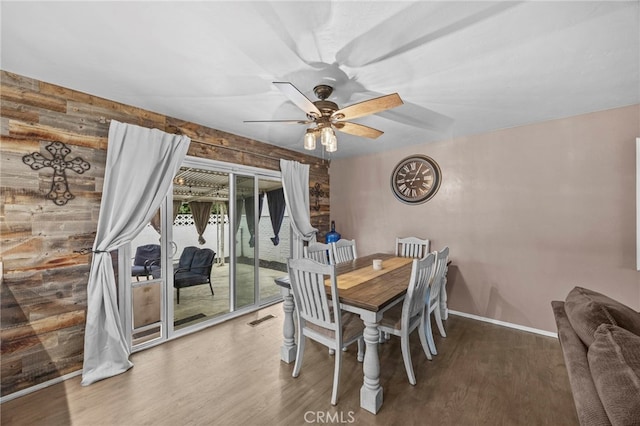 3520 Rosewood Pl, Riverside, CA 92506 - dining space featuring baseboards, ceiling fan, visible vents, and wood finished floors